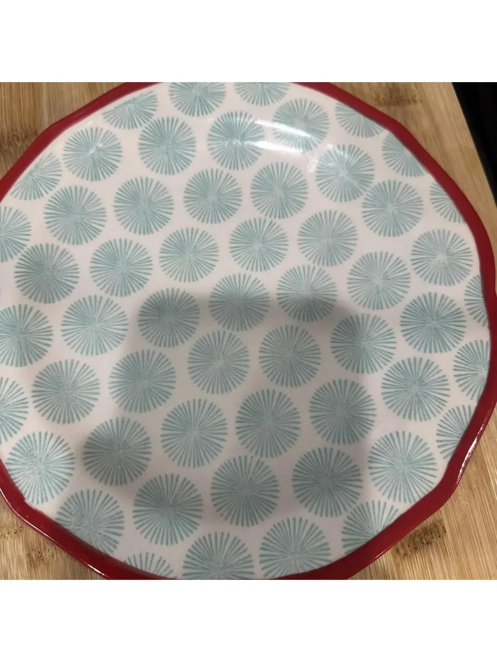 Pioneer Woman Salad Lunch Plates 2 Two Happiness Scallop Teal Dot Red Trim 8.5